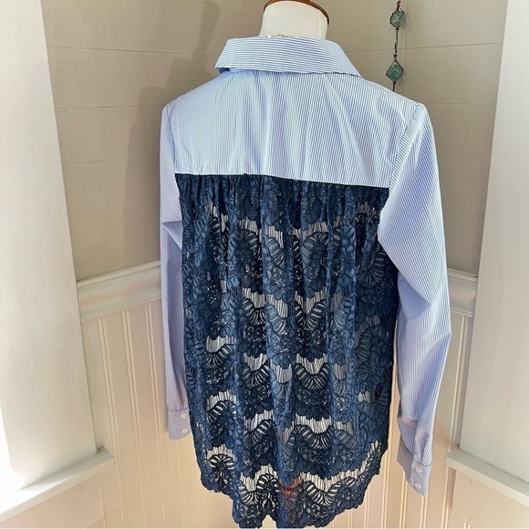 Anthropologie English Factory Blue & White Striped Cotton Shirt w/ Lace Back - Picture 12 of 13